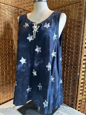 Chaps Tie Dye Sleeveless Tunic Top XL Blue Boho Lace Up Beachy Tank